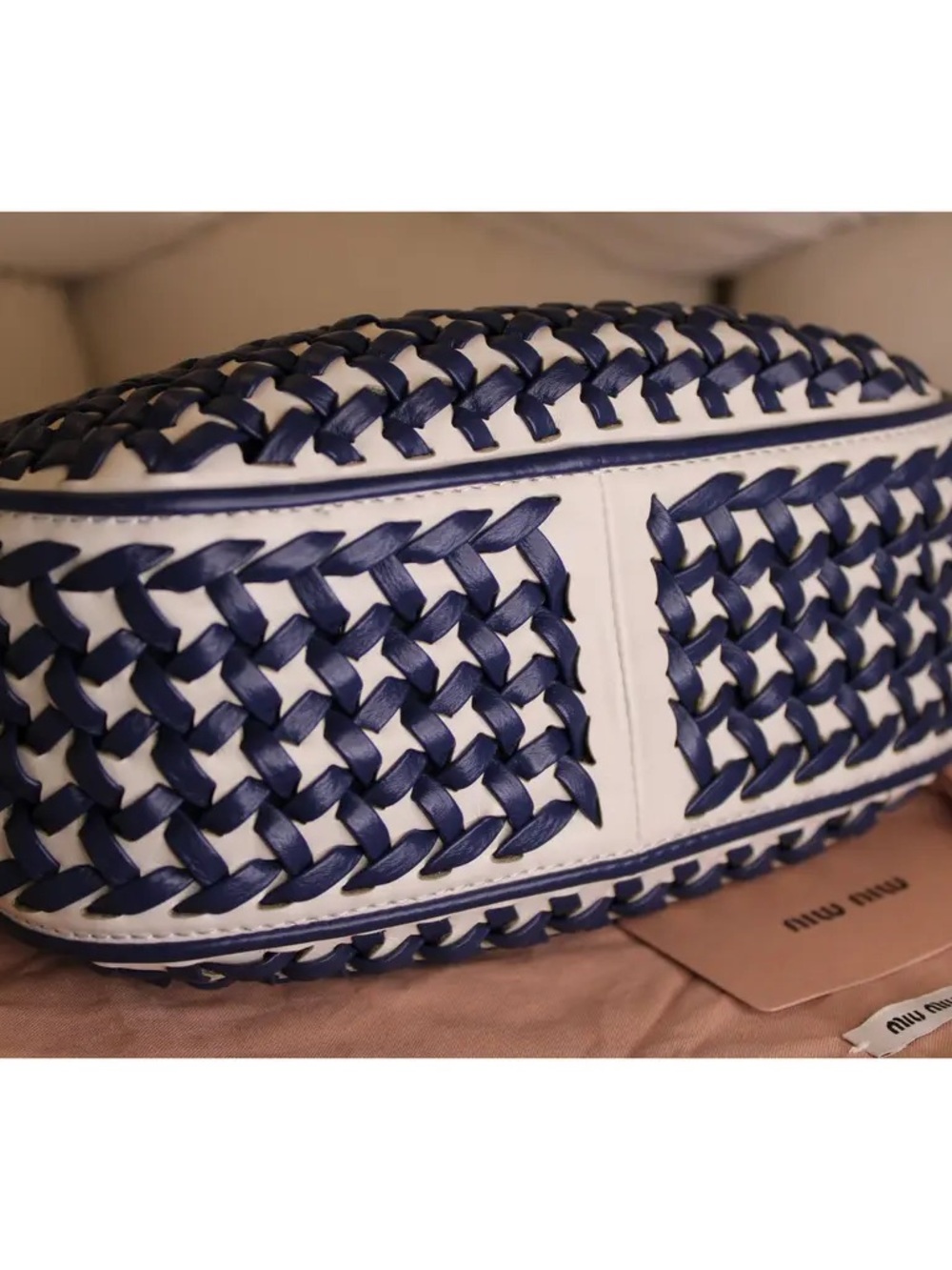 Miu Miu White Leather Tote with Navy Woven Detailing